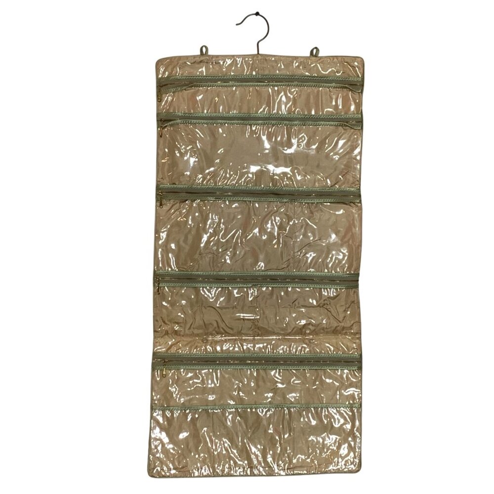 60s Hanging Fold Jewelry Lingerie Organizer Bag Green Floral Damask Talon Zipper - Picture 2 of 5